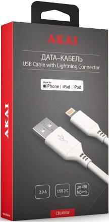 Дата-кабель Akai CBL404 USB-Lightning Apple MFI 1м White