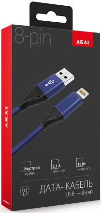 Дата-кабель Akai CE-610 USB-A-Lightning оплетка текстиль Blue