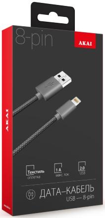 Дата-кабель Akai CE-608 USB-A 8-pin 1A текстиль Black