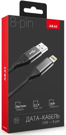 Дата-кабель Akai CE-610 USB-A-Lightning оплетка текстиль Black
