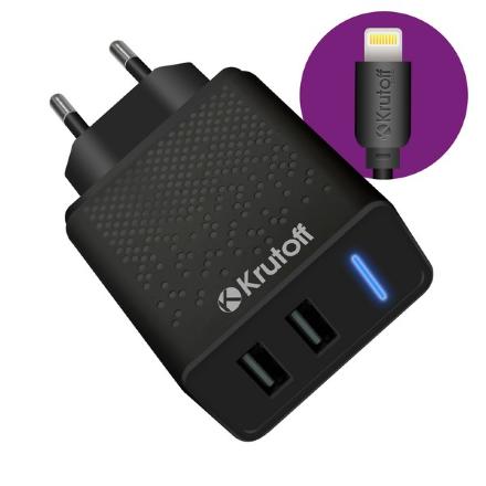 СЗУ Krutoff CH-07L 2xUSB + дата-кабель Lightning 2.4A  Black