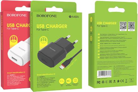СЗУ Borofone BA48A Orion 1xUSB2.1А дата-кабель Type-C 1м Black