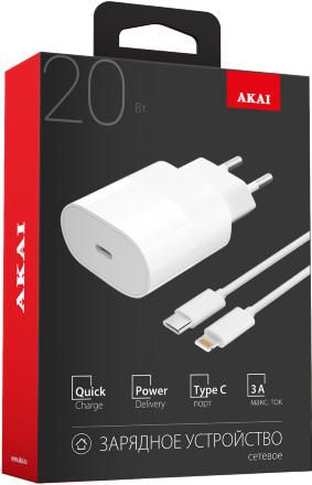 СЗУ Akai CH-6A13 + дата-кабель Type-C-Lightning 20W White